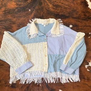 Patchwork Fringe Textured Button-Up Crop Shirt from Goldie Lew